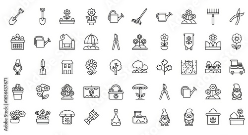 Collection of charming line art icons representing various gardening tools and elements