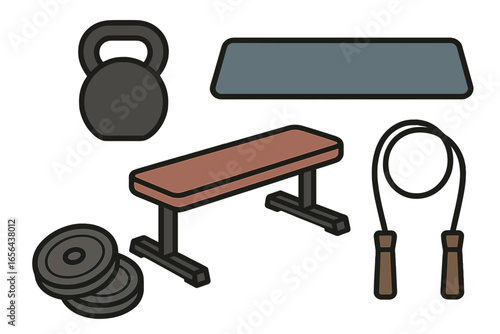Gym Equipment Collection with Kettlebell and Jump Rope