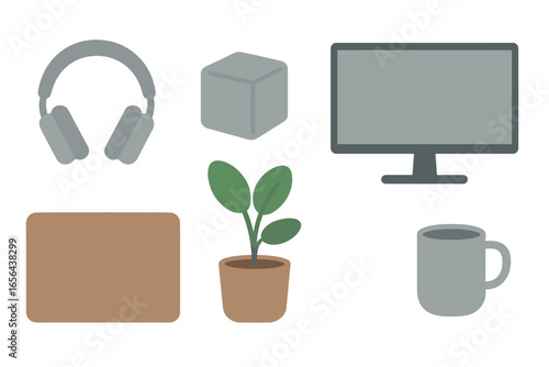 Desk objects including headphones, monitor, plant, and coffee mug
