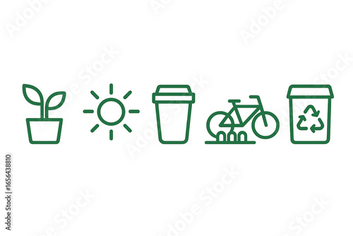Green lifestyle icons: plant, sun, coffee, bicycle, recycling