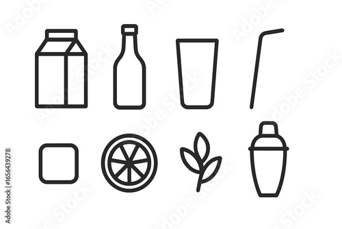 Beverage icons: milk carton, bottle, glass, straw, shaker