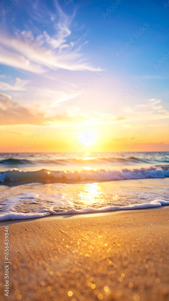 Fototapeta premium The soft, dreamy colors of a serene ocean sunset, banner with copy space, tranquil seascape, vibrant sky, peaceful coastal landscape