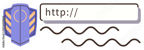 Shield icon beside URL field with waves symbolizing internet activity, highlighting security and protection. Ideal for cybersecurity, data safety, website trust, technology, online privacy