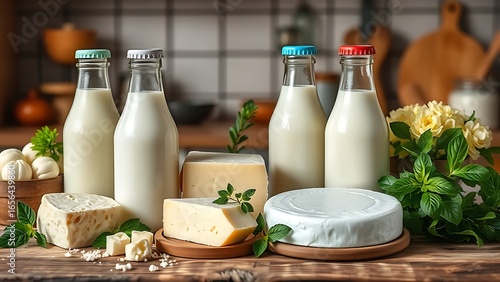 Fresh dairy products arranged on a wooden surface, highlighting rustic charm with soft overhead lighting.