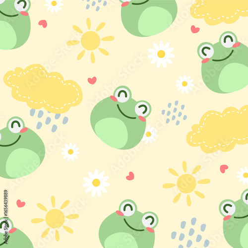Frog seamless pattern with flower, sun and cloud decoration. Childish seamless pattern. Can be used for wallpaper, paper wrapping and fashion fabric