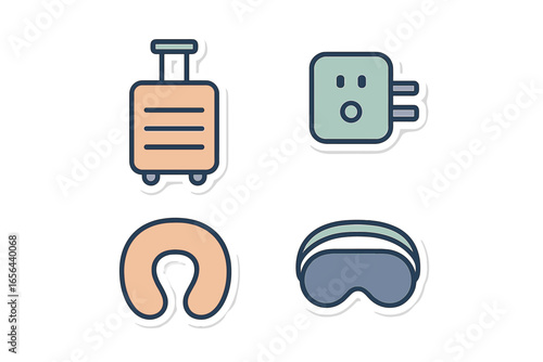 Travel Essentials Icons: Luggage, Pillow, Mask, Adapter