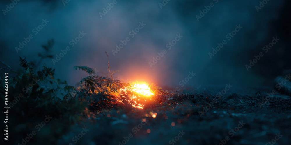 Fototapeta premium Glowing fire patch in dark forest with misty atmosphere creating mysterious mood