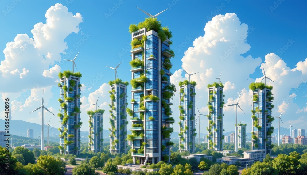 Fototapeta premium painting of futuristic skyscrapers with vertical gardens solar panels and wind turbines showing green technology of the future creating sustainable urban environments naturally
