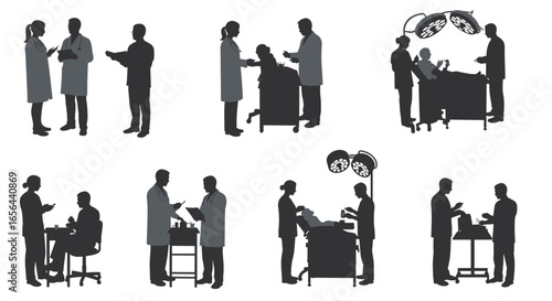 Medical professionals doctors and nurses consulting patient care and surgical procedures in hospital setting scene -