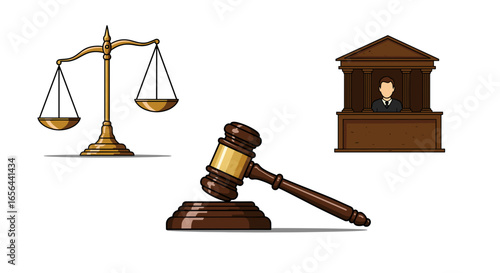 Illustration of justice scales gavel and judge stand representing law legal system and courtroom -
