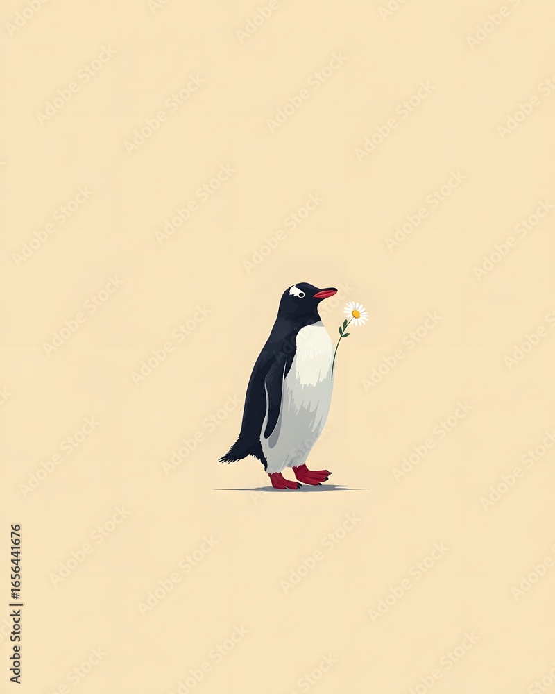 Fototapeta premium A charming penguin wearing red shoes holds a daisy, set against a soft beige background