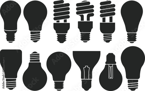 Light bulb silhouette set, incandescent and CFL icons, black and white bulb designs, energy-efficient lamp graphics, electrical lighting symbols
