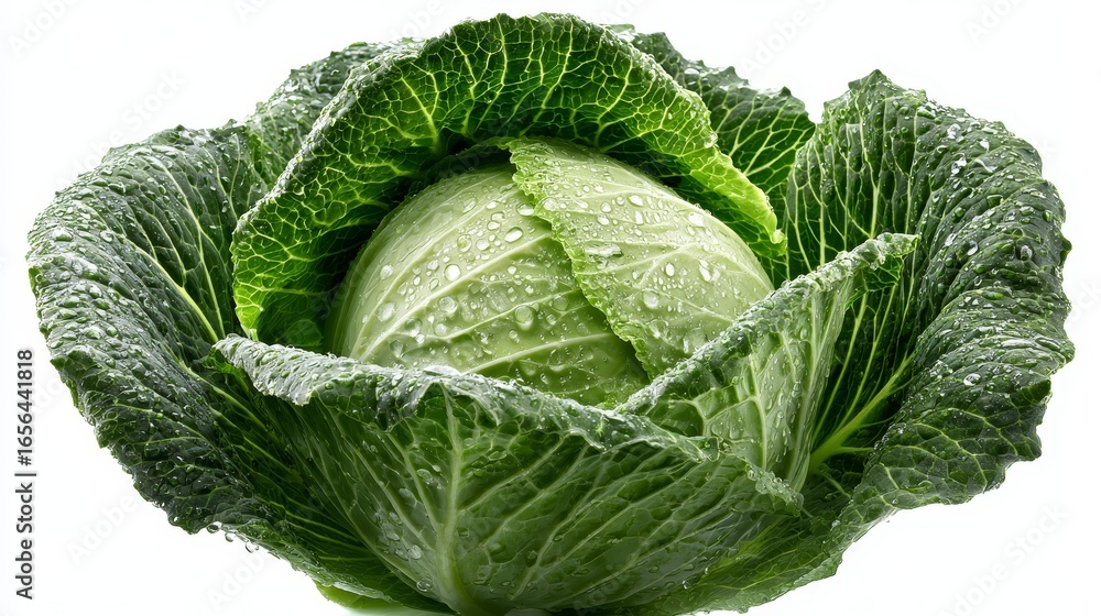 Obraz premium A detailed macro photograph of a fresh vibrant green head of cabbage with crisp leaves covered in glistening water droplets and tiny moisture beads highlighting the intricate natural texture