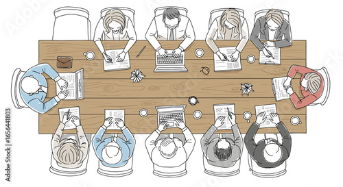 Illustration of business meeting conference room with people working around a table top view sketch style -