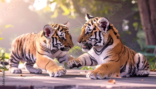 Two tiger cubs playing