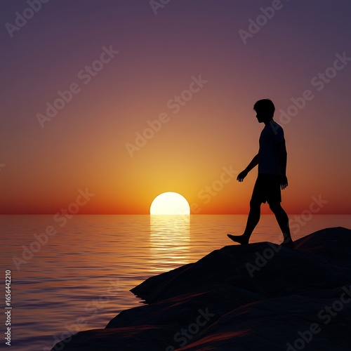 夕焼けと影絵：一人歩く人