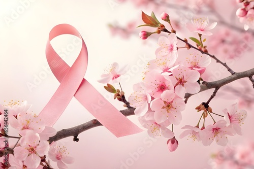 3D Pink Ribbon Blossoming into Cherry Flowers – Breast Cancer Awareness Symbol in Modern Futuristic Style