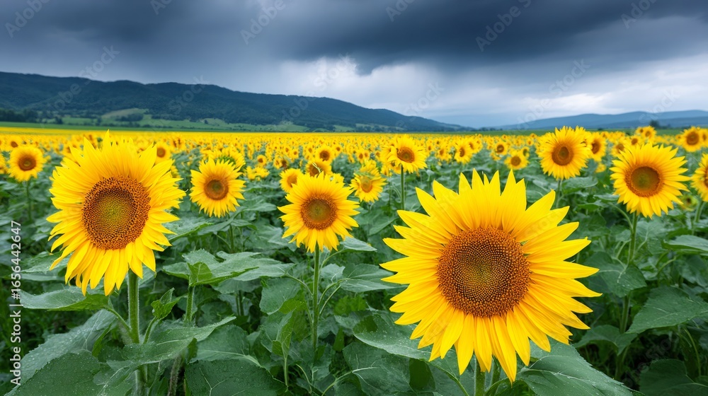 Fototapeta premium Sunflowers blooming in field under cloudy sky