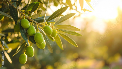 close-up of vibrant green olives hanging from a sunlit branch of an olive tree, dappled light filtering through lush leaves, creating a serene and inviting mediterranean scene