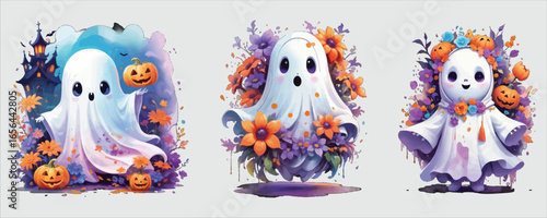 Art of charming halloween ghosts with floral details