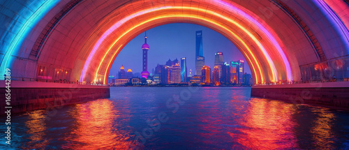 The cityscape with the illuminated bridge and skyscrapers against the backdrop of the river conveys the dynamism of the metropolis for tourist and business presentations.