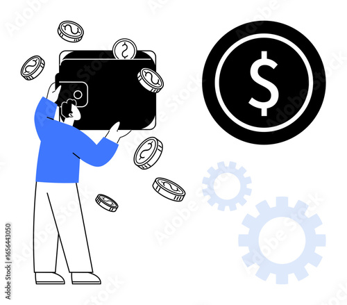 Man holding wallet releasing coins, accompanied by a dollar icon and gear elements. Ideal for finance, savings, wealth management, budgeting, business strategy, investment, and economic themes