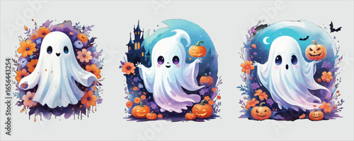 Art of cute ghosts with pumpkins and flowers