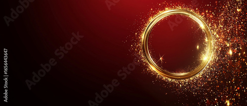 Abstract background with a gold ring and sparkling particles on red — texture for designing cards, invitations, and advertising holiday events.
