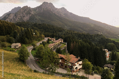 View on Mount Alben at the Sunset in the Italian Alps during a Sunny Summer Day. Beautiful Mountain Landscape. Zambla Alta Village, Bergamo Province, Italy