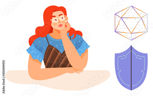 Woman resting on hand in contemplation with a geometric shape and shield nearby. Ideal for concepts thumbs up creativity, protection, problem-solving, imagination, focus, individuality, abstract