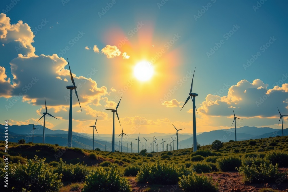 Obraz premium a symbolic painting of wind turbines spinning under sunlight showing clean energy concept how wind power generates electricity without harmful emissions or environmental damage