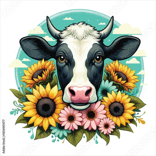 Art of a black and white cow with flowers