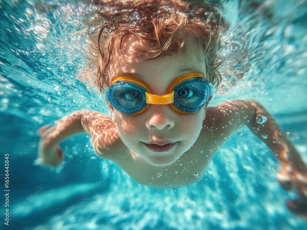 Fototapeta premium Handsome boy wearing goggles swimming underwater in the pool, summer vacation concept.