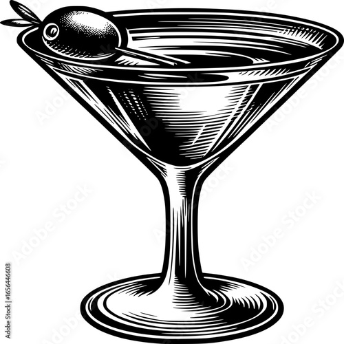 Martini with Olive: A classic martini cocktail, garnished with a single olive, embodies sophistication and refreshment. The glass is set against a minimalist, elegant backdrop. 