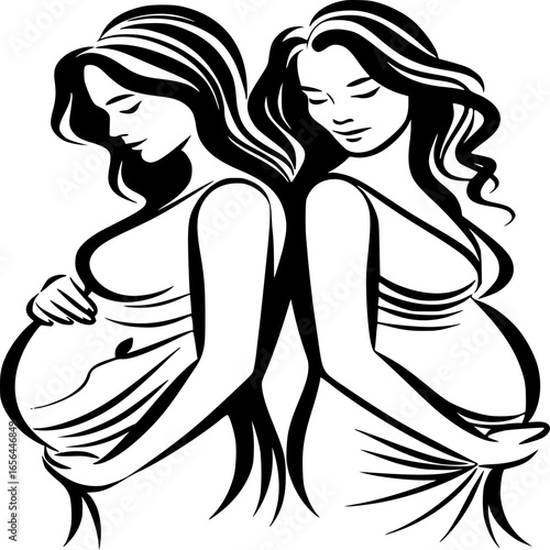 Mom's Bond: A sketch celebrates the maternal bond, depicting two expectant mothers in a poignant embrace. A timeless portrayal of motherhood.