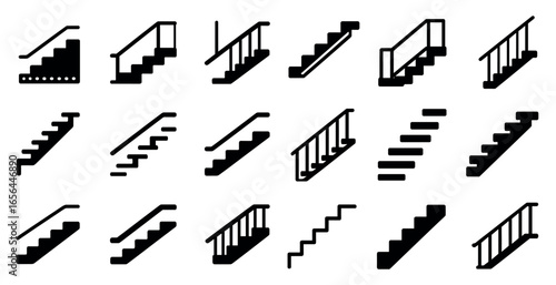 Staircase and railing icons set – solid, silhouette, steps and architecture graphics