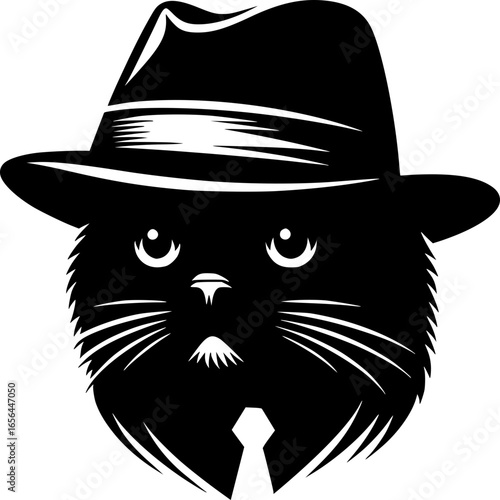 Mysterious Cat: A charming black cat, depicted in a stylish graphic, wears a fedora and a tie, projecting an aura of elegance and intrigue.
