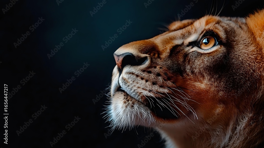 Obraz premium Dramatic close-up profile of majestic lioness face with intense blue eyes against dark background, showing detailed whiskers and facial features in warm golden tones.