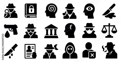 Detective and crime solid icons set – filled, mystery, investigation symbols
