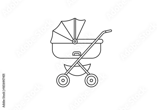 A line drawing depicts a baby carriage with a curved handle and round wheels