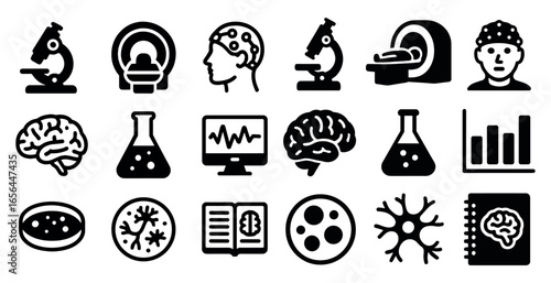 Neuroscience and research icons set – solid, filled, brain and science symbols