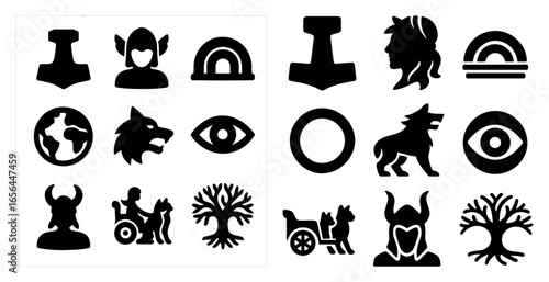 Norse mythology silhouette icons set – solid, filled, ancient symbols