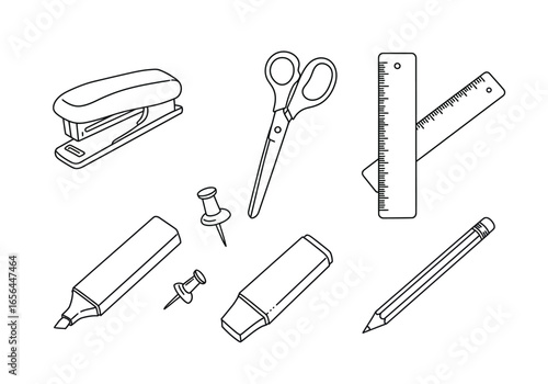 Assorted stationery including stapler scissors rulers push pins highlighter eraser and pencil