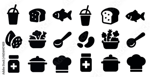 Food and cooking solid icons set – filled, silhouette, kitchen and culinary symbols