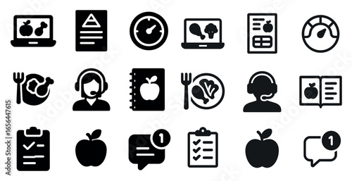 Diet and nutrition solid icons set – healthy, filled, meal prep symbols