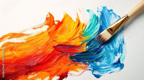 Abstract paint strokes on white canvas with paintbrush