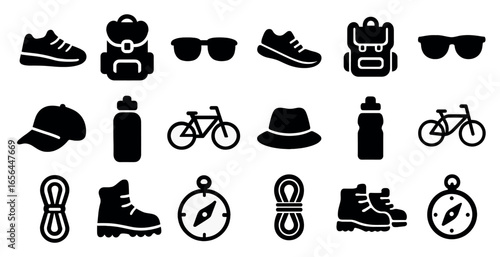Outdoor adventure solid icons set – filled, hiking, camping symbols for explorers
