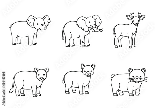 Six cartoon animals elephants deer and catlike creatures arranged in a twobythree grid