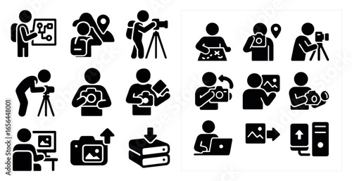Photography and travel icons set – solid, silhouette, camera and adventure symbols