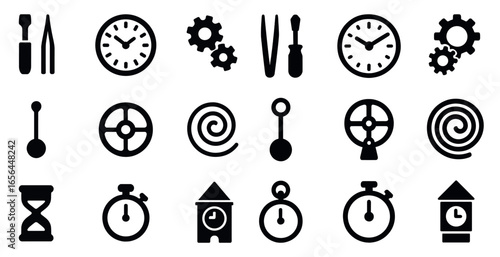 Mechanical tools and clock silhouette icons set – gears, watch, timekeeping elements